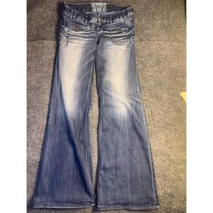 Express Bootcut Jeans Womens Size 2 Blue‎ Denim Faded Whiskered Stretch Wide Leg